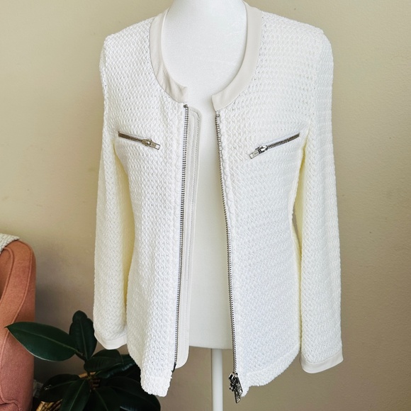 😍 Gorgeous + Unique 🤩 |  AMS Pure Cream White Leather Cotton Knit Jacket 8 - Picture 2 of 15